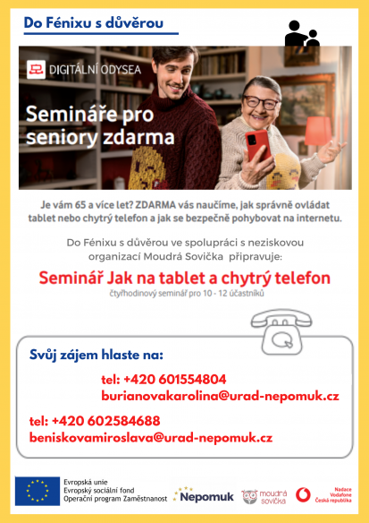 Plakát na seminář pro seniory Jak na chytrý telefon a tablet 
